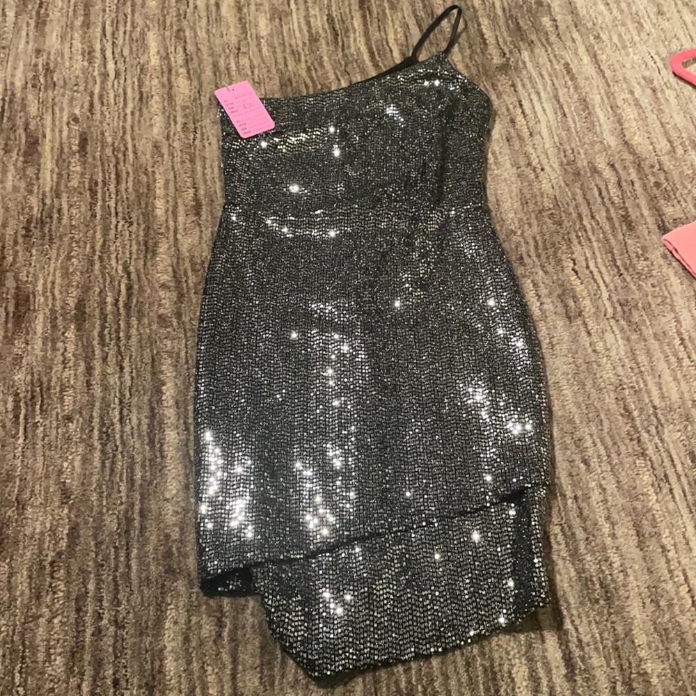 Sparkly silver one shoulder mini dress
